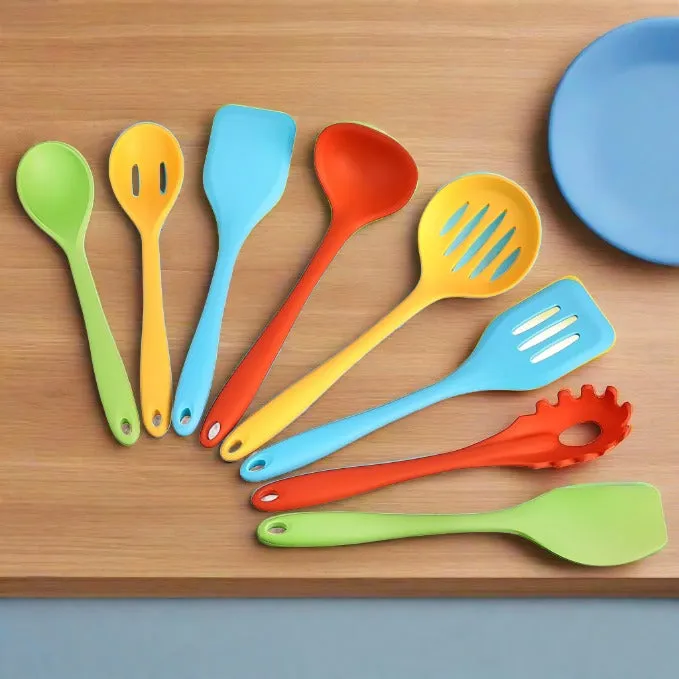 New Amazon Commercial Non-Stick Heat Resistant Silicone Cooking Utensil Set, Set of 8 Utensils, Multicolor
