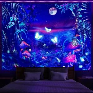 New AMBAYLA Blacklight Forest Tapestry Wall Hanging UV Reactive Tapestry Butterfly Mushroom Tapestry Starry Night Tapestry for Bedroom (51"x59")