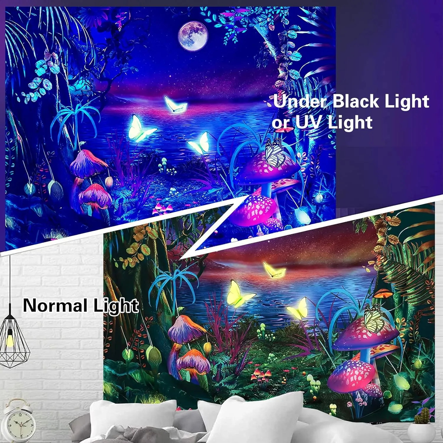 New AMBAYLA Blacklight Forest Tapestry Wall Hanging UV Reactive Tapestry Butterfly Mushroom Tapestry Starry Night Tapestry for Bedroom (51"x59")