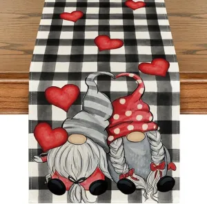 New Artoid Mode Watercolor Buffalo Plaid Hearts Gnomes Love Valentine's Day Table Runner, Seasonal Anniversary Wedding Holiday Kitchen Dining Table Decoration for Indoor Outdoor Home Decor 13 x 108 Inch