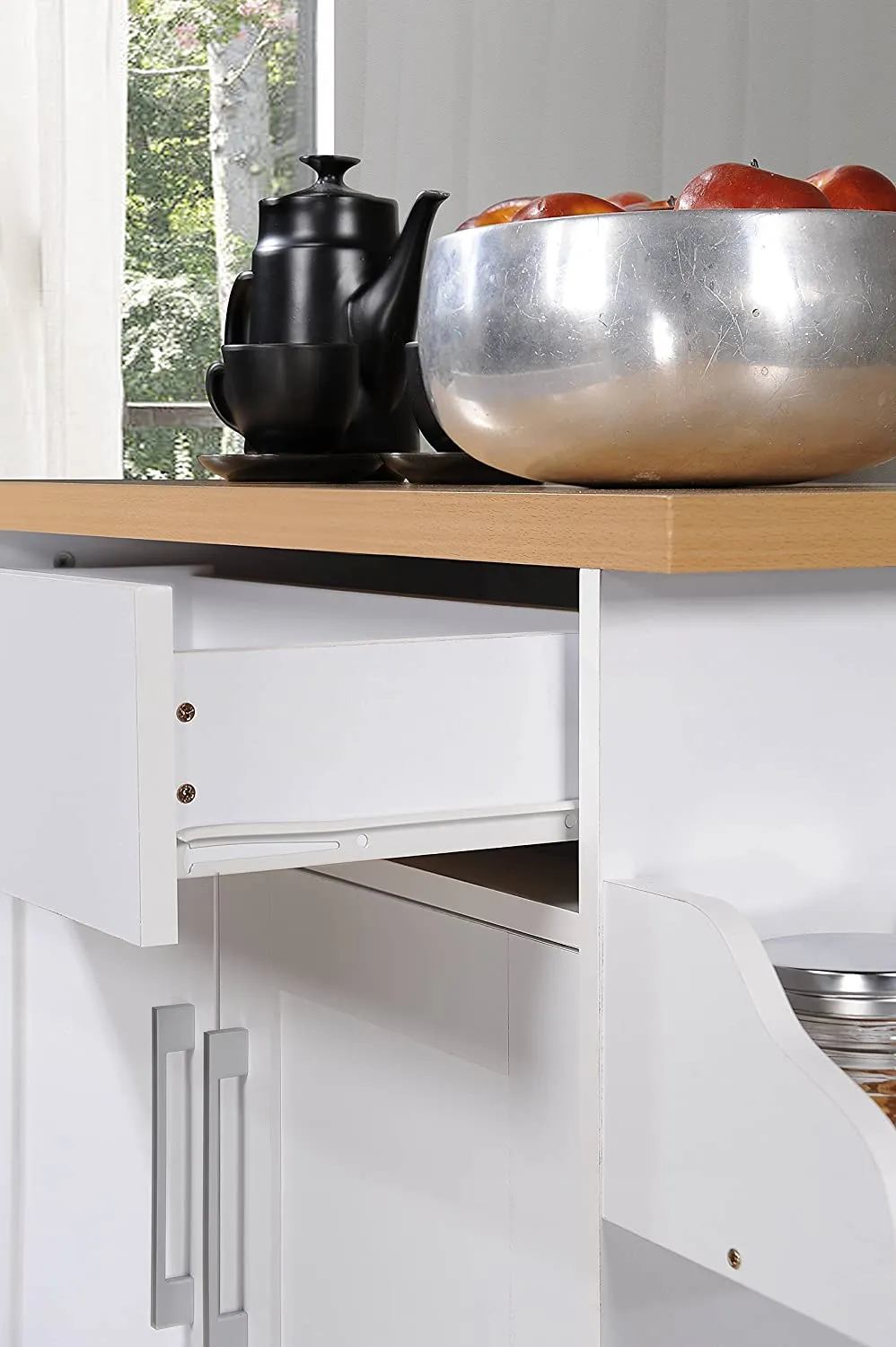 New Assembled Hodedah Kitchen Island with Spice Rack, Towel Rack & Drawer, White with Beech Top, Has some minor cosmetic marks from transport shown in pics! Retails $231 