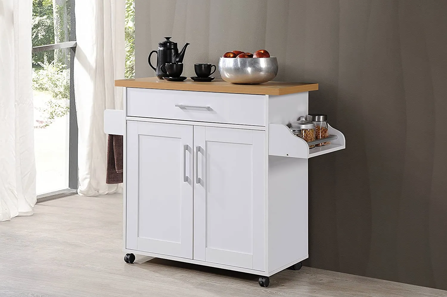 New Assembled Hodedah Kitchen Island with Spice Rack, Towel Rack & Drawer, White with Beech Top, Has some minor cosmetic marks from transport shown in pics! Retails $231 