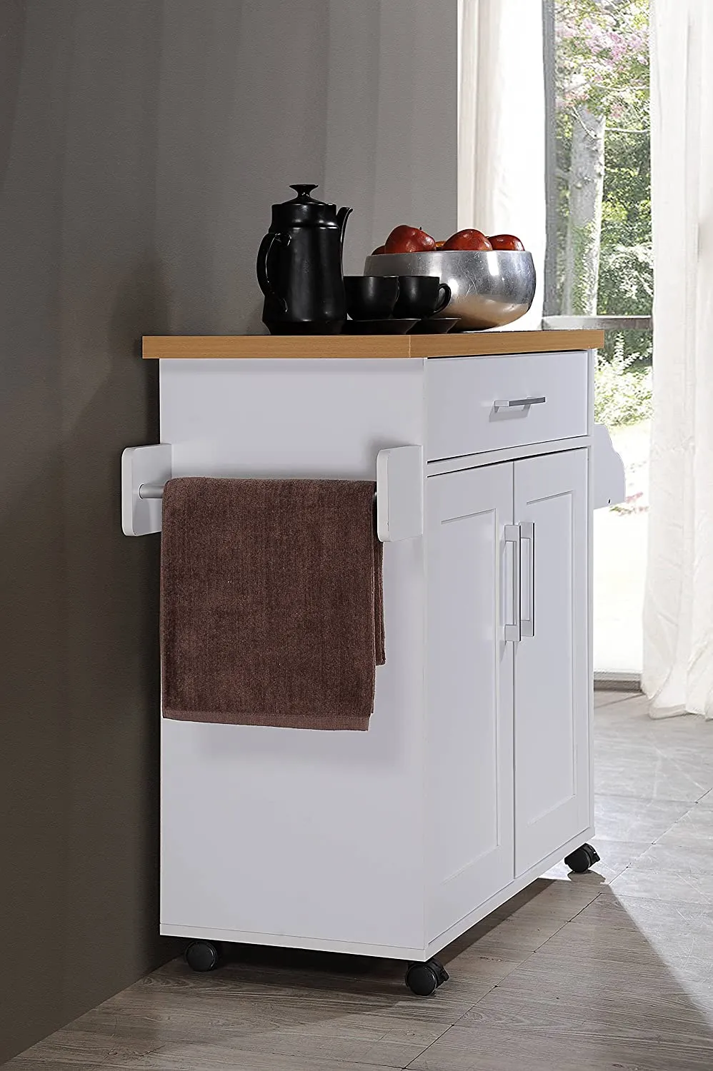 New Assembled Hodedah Kitchen Island with Spice Rack, Towel Rack & Drawer, White with Beech Top, Has some minor cosmetic marks from transport shown in pics! Retails $231 