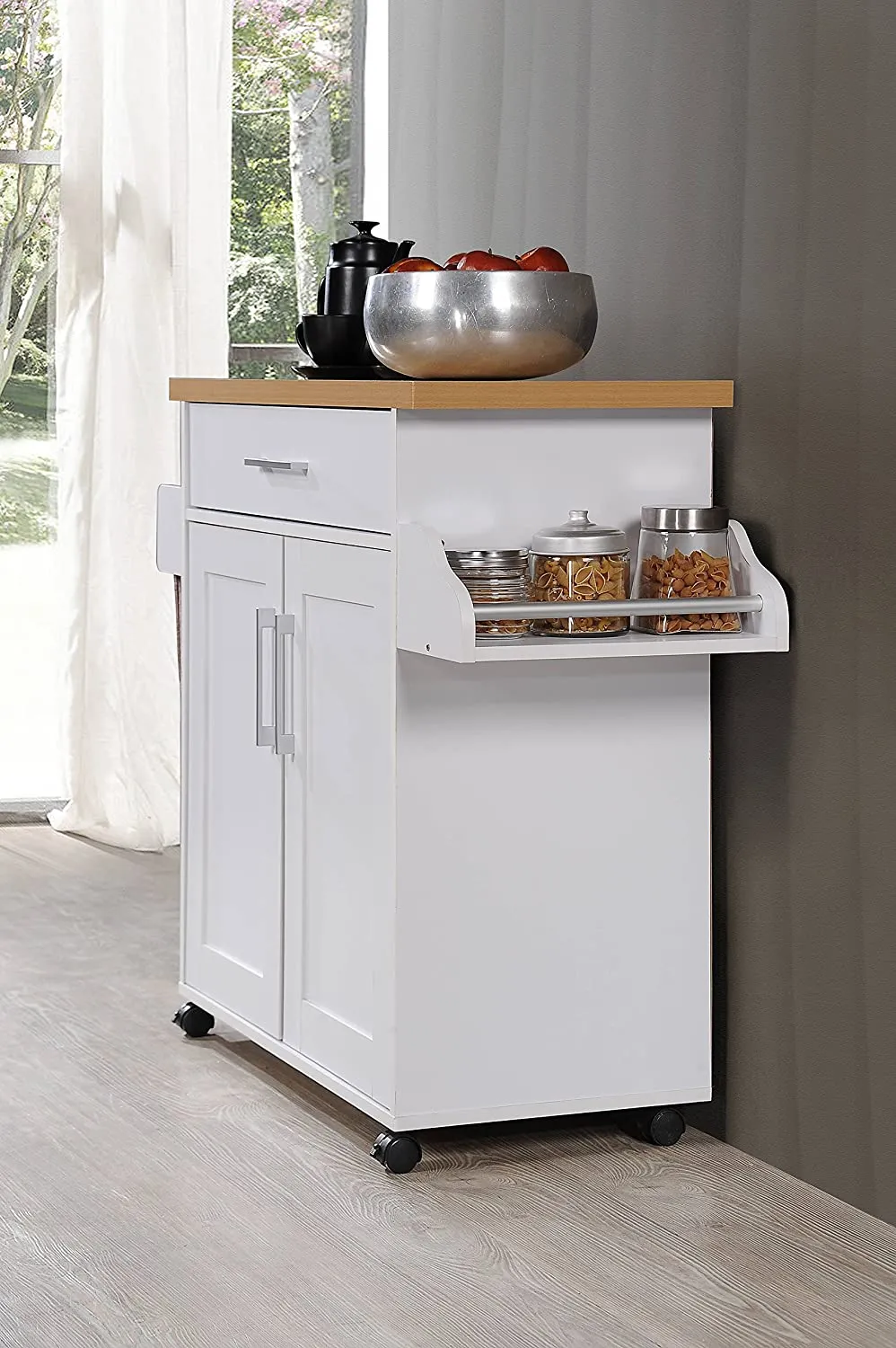 New Assembled Hodedah Kitchen Island with Spice Rack, Towel Rack & Drawer, White with Beech Top, Has some minor cosmetic marks from transport shown in pics! Retails $231 