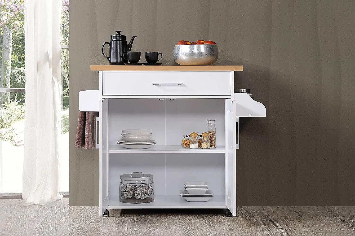 New Assembled Hodedah Kitchen Island with Spice Rack, Towel Rack & Drawer, White with Beech Top, Has some minor cosmetic marks from transport shown in pics! Retails $231 