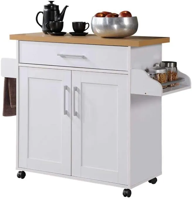 New Assembled Hodedah Kitchen Island with Spice Rack, Towel Rack & Drawer, White with Beech Top, Has some minor cosmetic marks from transport shown in pics! Retails $231 