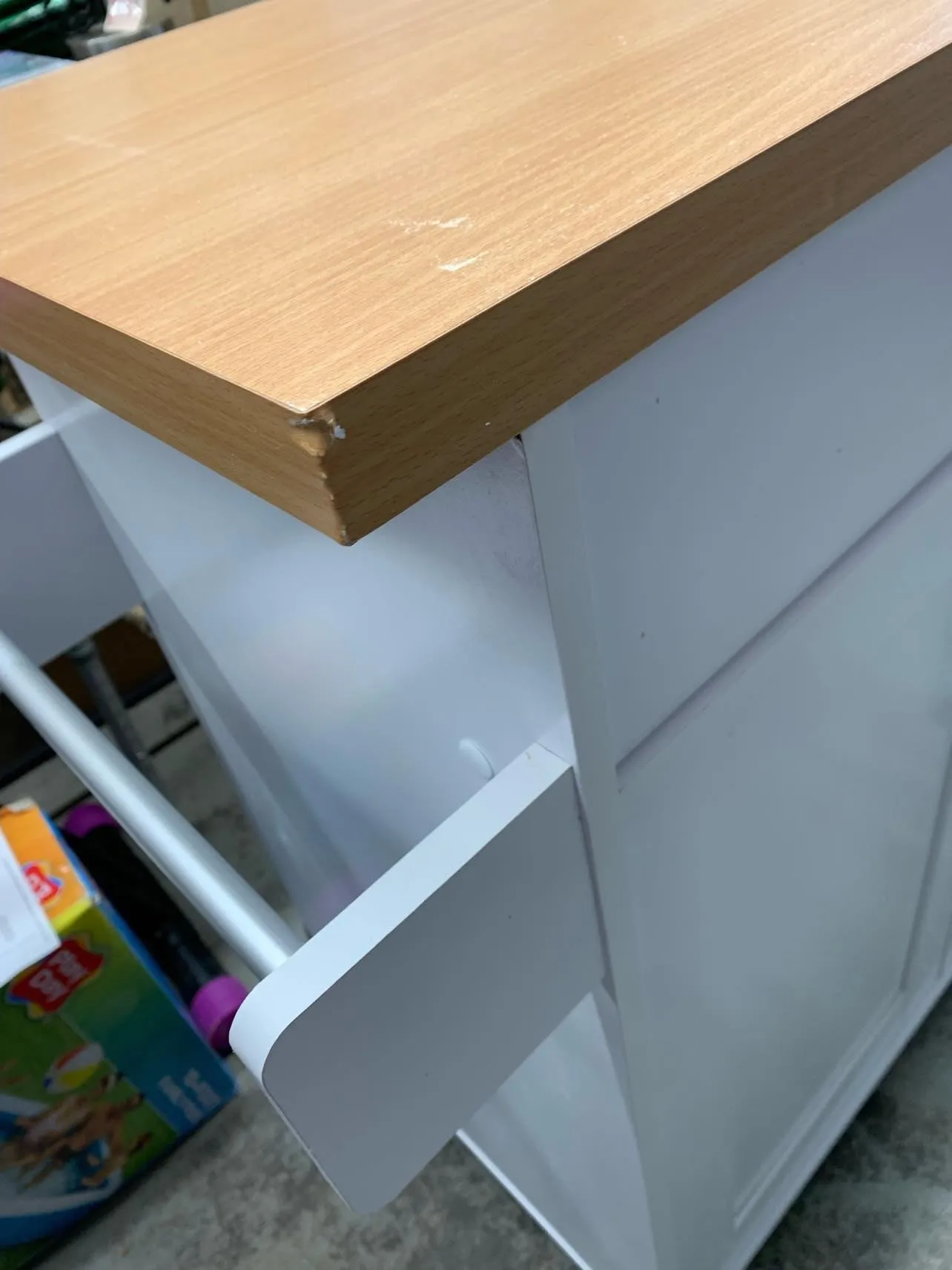 New Assembled Hodedah Kitchen Island with Spice Rack, Towel Rack & Drawer, White with Beech Top, Has some minor cosmetic marks from transport shown in pics! Retails $231 