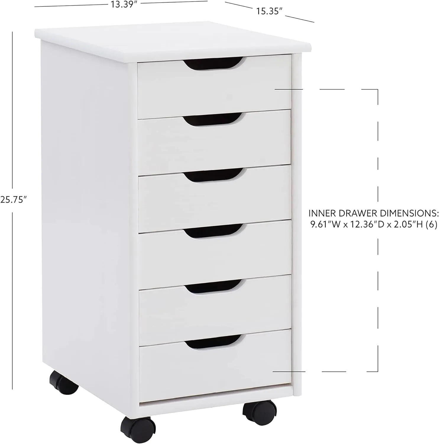 New Assembled Linon Home Decor 25" High Solid Wood Corinne Six Drawer Storage, White Wash Rolling Cart