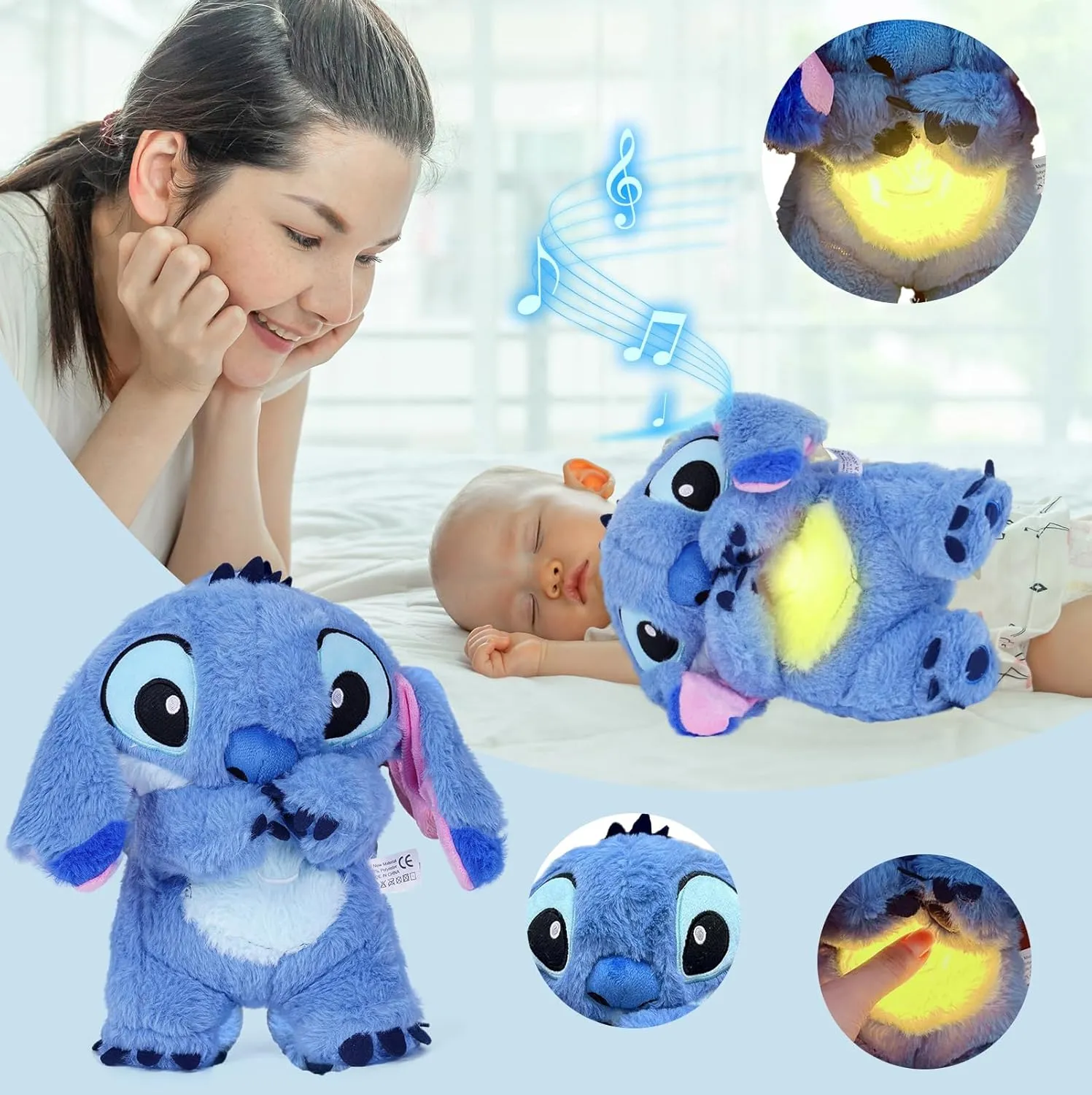New Blue Stitch Breathing Anxiety Relief, Sleeping Plush with Music and Lights, Soother Sleep Buddy with Music Lights & Rhythmic Breathing Motion
