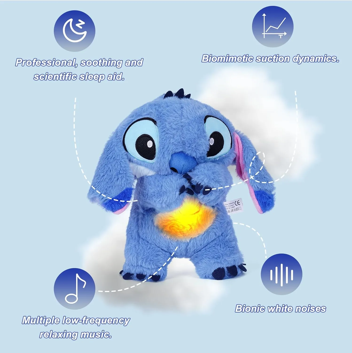New Blue Stitch Breathing Anxiety Relief, Sleeping Plush with Music and Lights, Soother Sleep Buddy with Music Lights & Rhythmic Breathing Motion