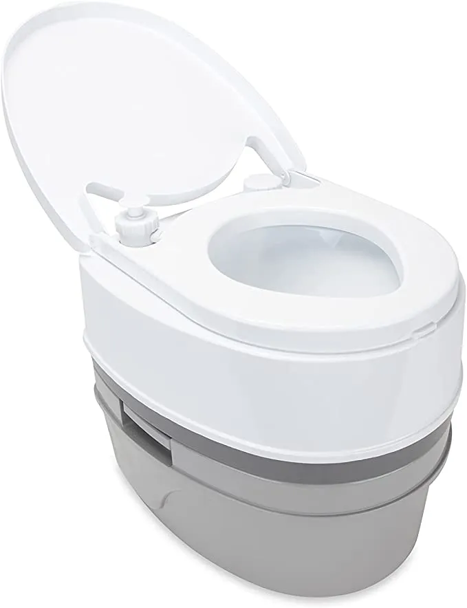New Camco Premium Portable Travel Toilet With Three Directional Flush And Swivel Dumping Elbow, Designed for Camping, RV, Boating And Other Recreational Activites (5.3 gallon, Frustration Free Packaging) Retails $232 