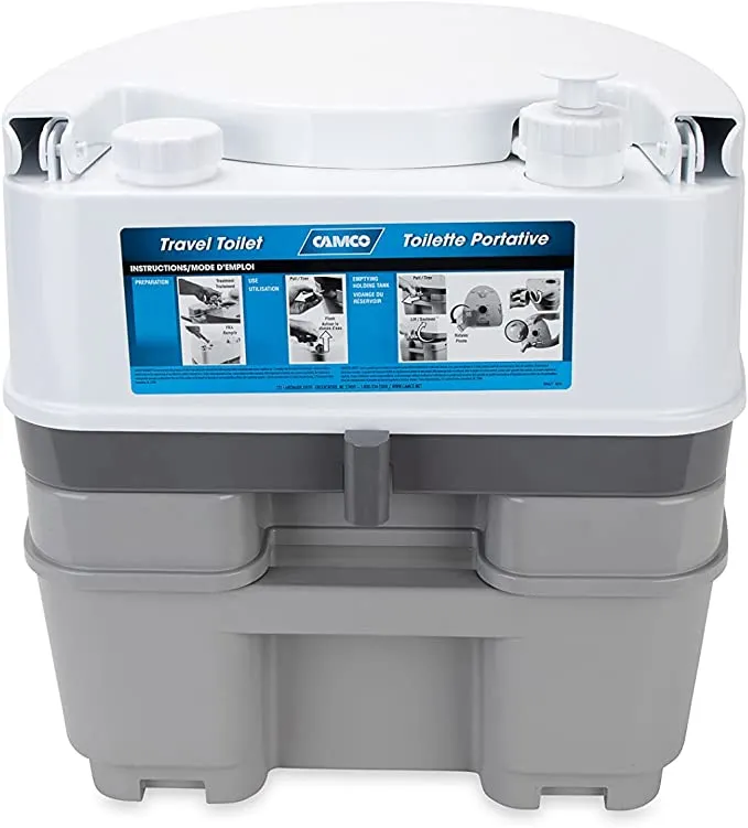 New Camco Premium Portable Travel Toilet With Three Directional Flush And Swivel Dumping Elbow, Designed for Camping, RV, Boating And Other Recreational Activites (5.3 gallon, Frustration Free Packaging) Retails $232 