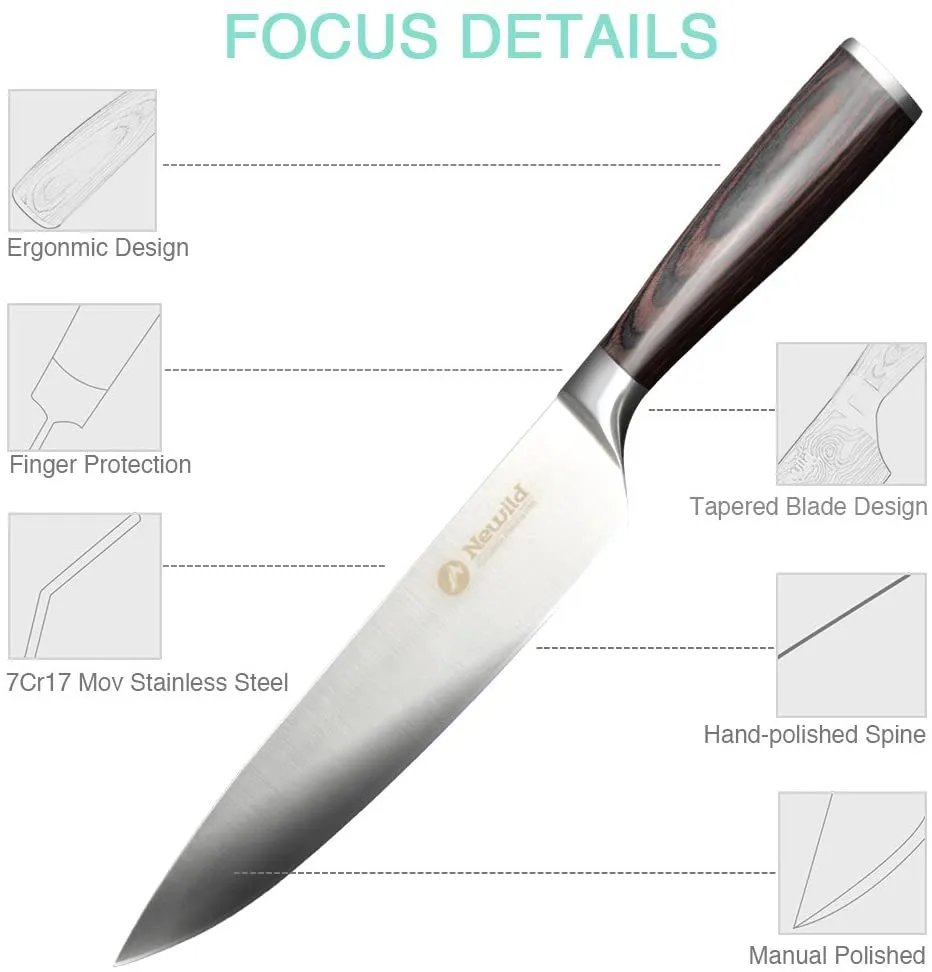 New Chef Knife Newild 8 inch Professional Kitchen Knife German High Carbon Stainless Steel with Ergonomics Handle, Ultra Sharp, Wear Resistant