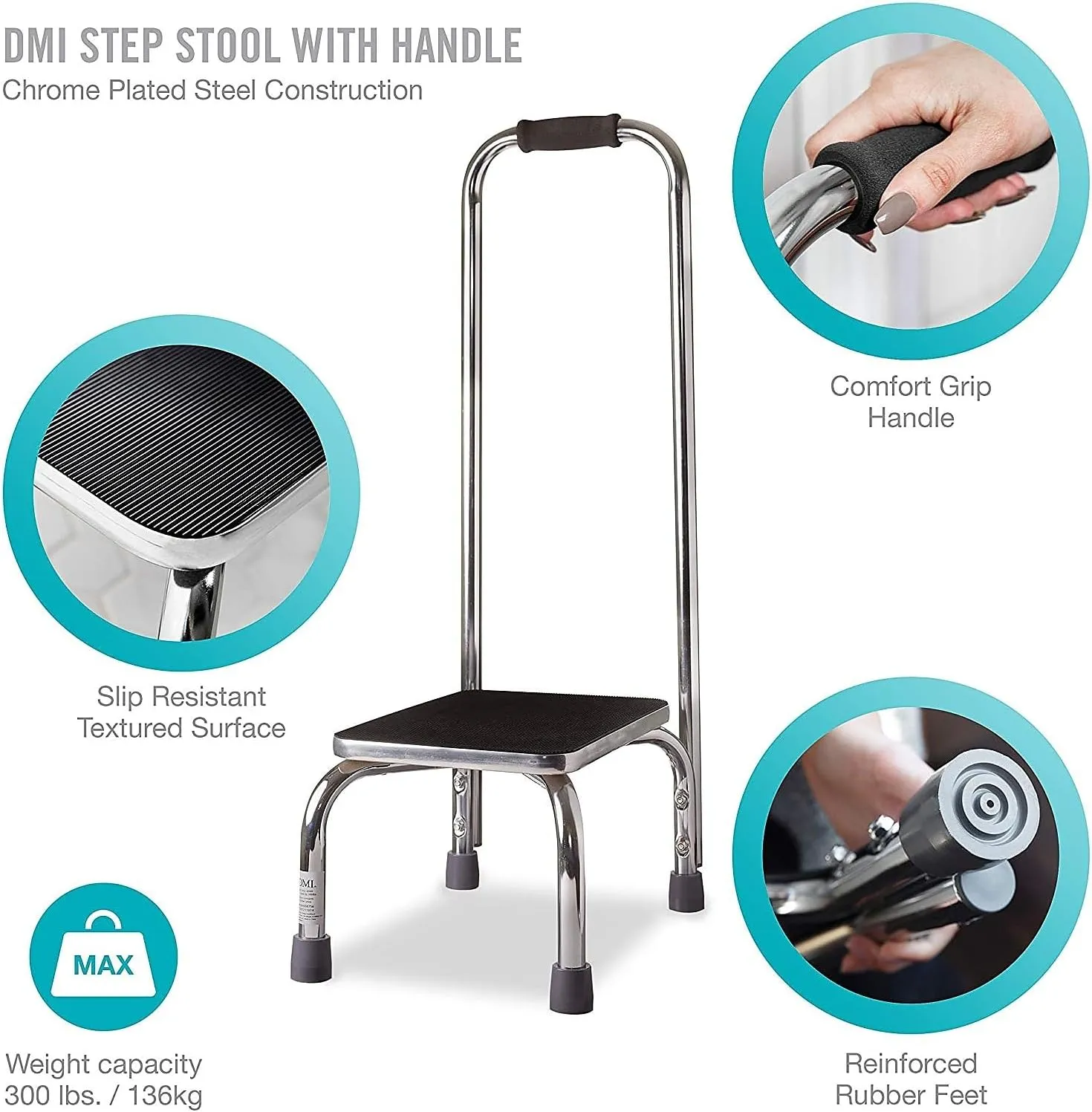 NEW DMI Step Stool with Handle and Non Skid Rubber Platform, Lightweight and Sturdy Stool for Seniors, Adults and Children, Holds up to 300 Pounds with 9.5 Inch Step Up, Chrome - Retails $111 