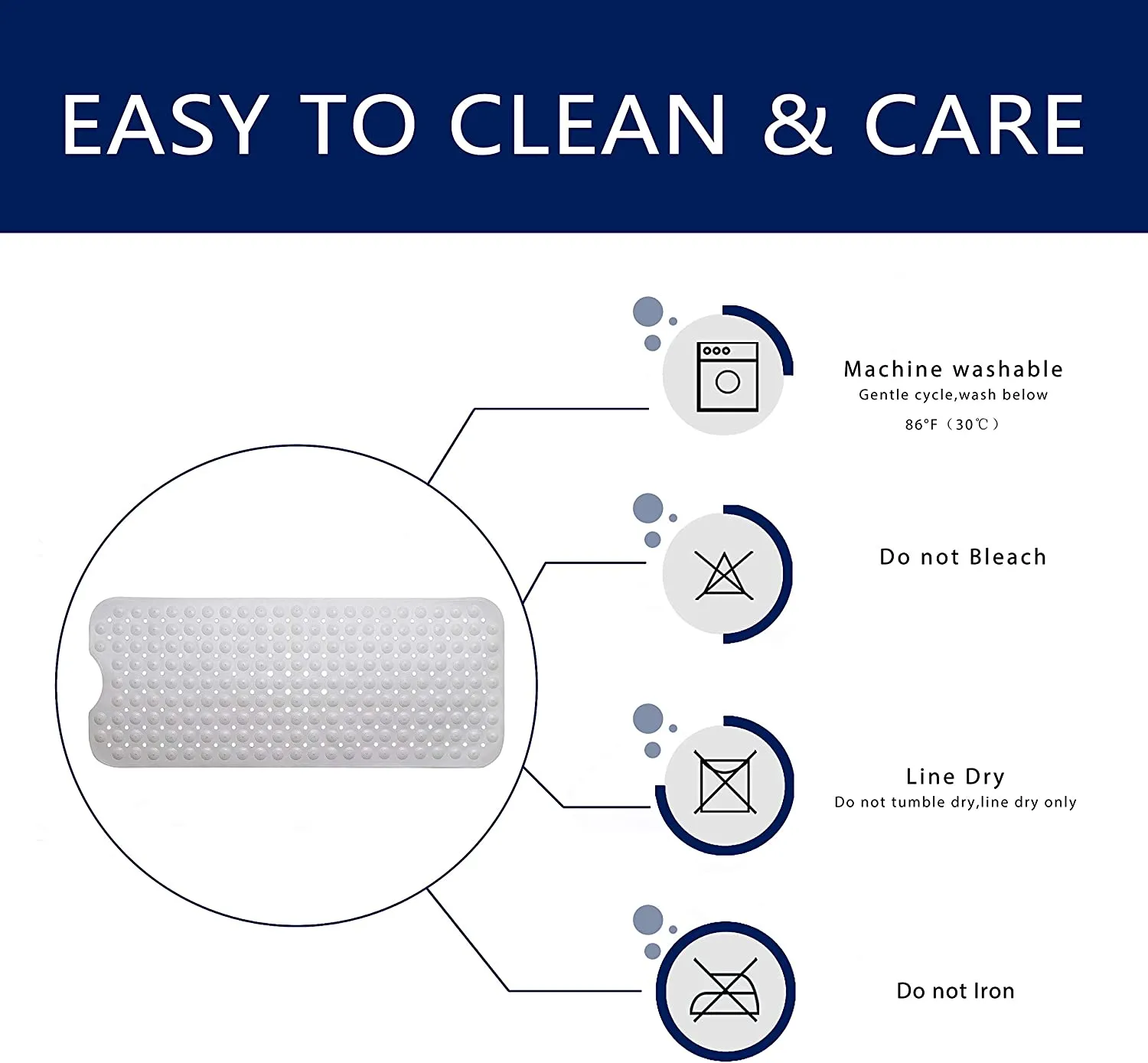 New Easy-Going Non Slip Bath Mat with circular foot scrubbers - Machine Washable, Rubber, Suction Cups, Drain Holes. White 40 X 15.5 inch