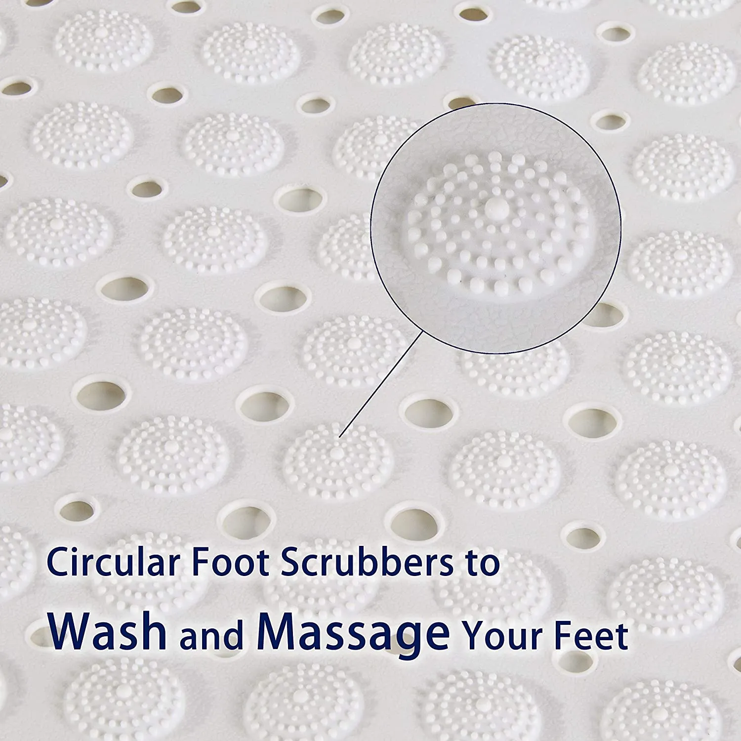 New Easy-Going Non Slip Bath Mat with circular foot scrubbers - Machine Washable, Rubber, Suction Cups, Drain Holes. White 40 X 15.5 inch