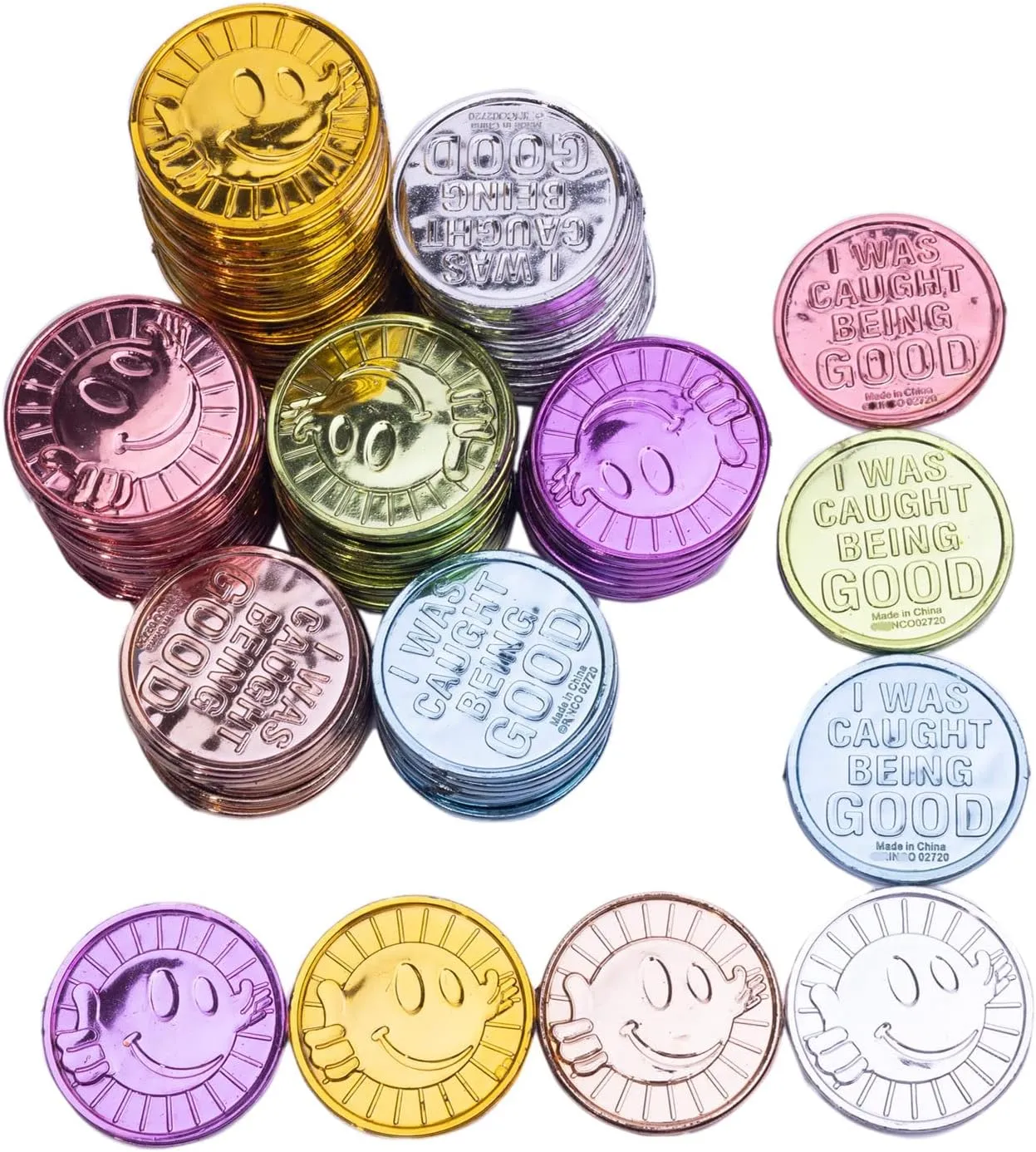 NEW Fateanuki 200 Pieces Plastic Coins Behavior Colored Reward Tokens I was Caught Being Good Incentive Educational Learning Kindness Behavior Pretend Play Coin