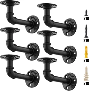 NEW Floating L Pipe Shelf Brackets for Custom Wooden Shelves, Vintage Look - Rustic Iron Wall Decor with Necessary Hardware (Black) - 6pk