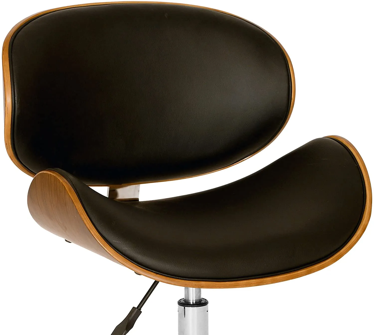 New Fully Assembled great Quality Swivel Office Chair in Soft Faux Black Leather Curved Walnut Wood Seat & Back, Chrome Base! Adjustable Height! Retails $256 w/tax!