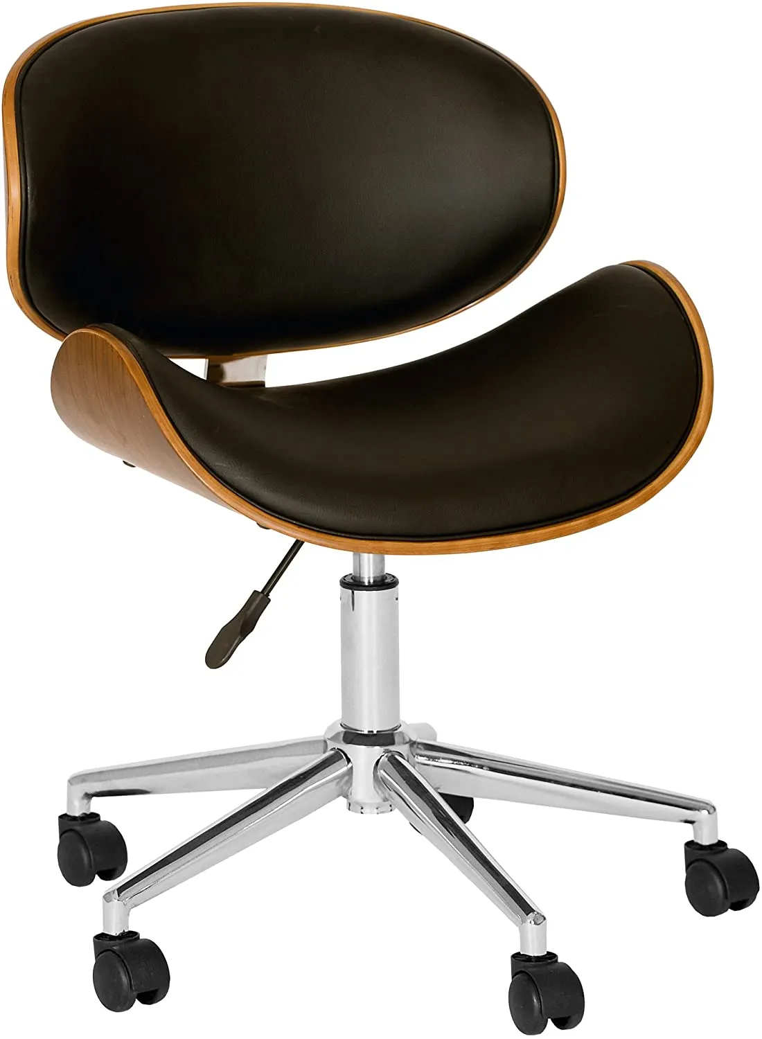 New Fully Assembled great Quality Swivel Office Chair in Soft Faux Black Leather Curved Walnut Wood Seat & Back, Chrome Base! Adjustable Height! Retails $256 w/tax!