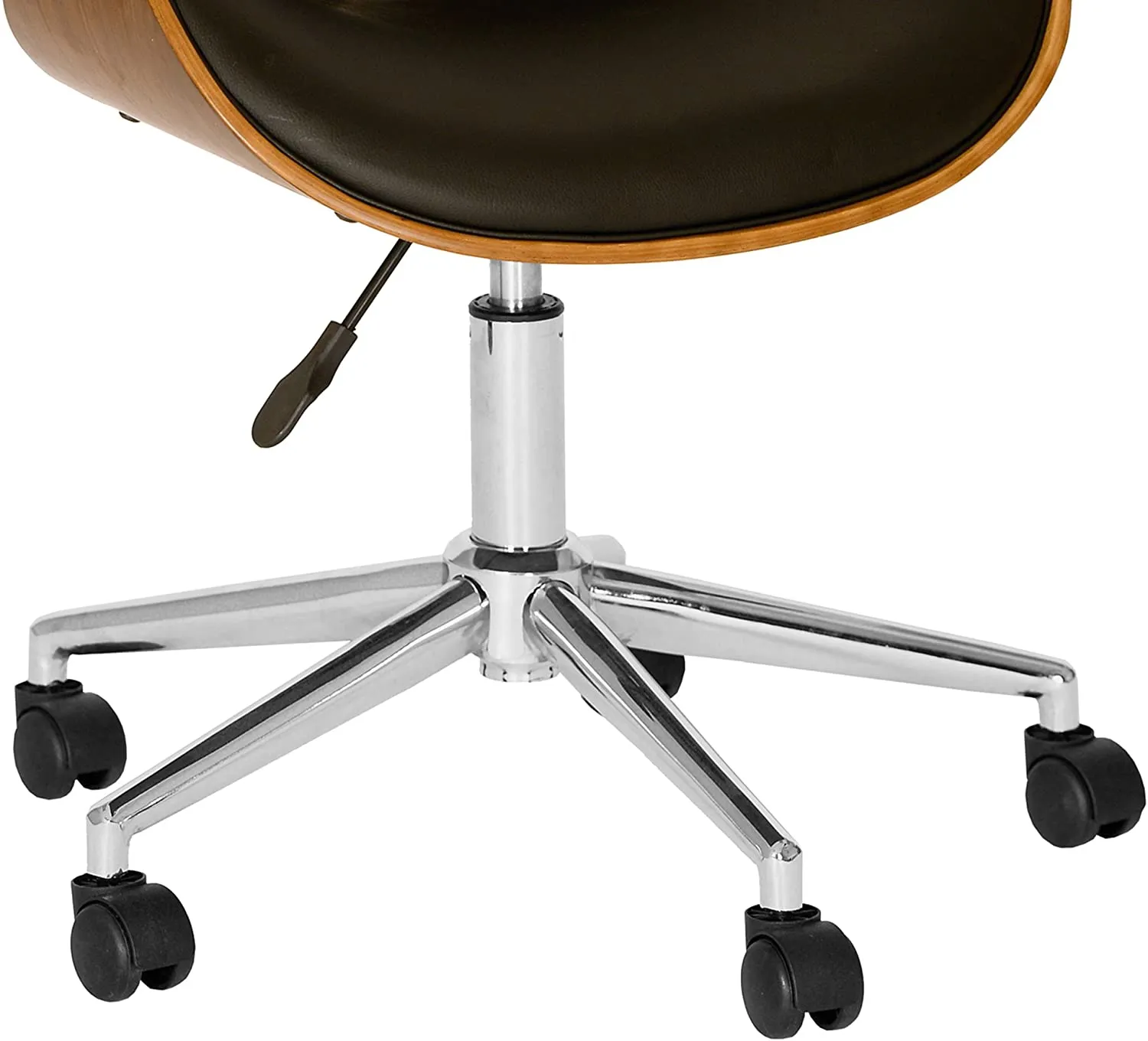 New Fully Assembled great Quality Swivel Office Chair in Soft Faux Black Leather Curved Walnut Wood Seat & Back, Chrome Base! Adjustable Height! Retails $256 w/tax!