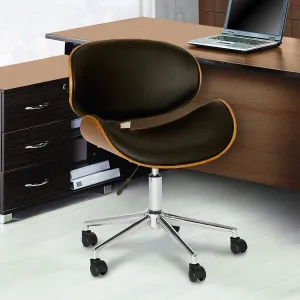 New Fully Assembled great Quality Swivel Office Chair in Soft Faux Black Leather Curved Walnut Wood Seat & Back, Chrome Base! Adjustable Height! Retails $256 w/tax!