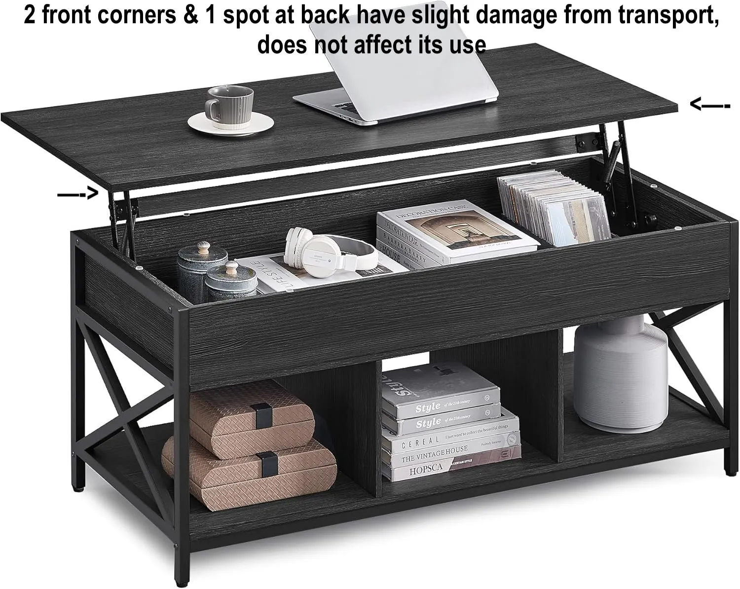 New Fully Assembled VASAGLE Lift Top Industrial Coffee Table, Black with Wood Grain! Note: 2 front corners & 1 Piece at back have slight imperfections from transport shown in pics! Retails $220 