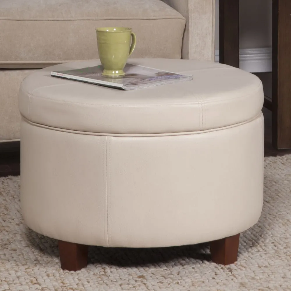 New Great Quality Large 2 Feet Diameter Storage Ottoman in Soft Ivory Pebble Faux Leather! Sturdy enough for extra seating! Retails $272 w/tax!