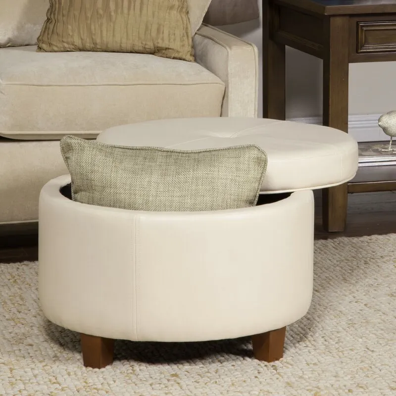 New Great Quality Large 2 Feet Diameter Storage Ottoman in Soft Ivory Pebble Faux Leather! Sturdy enough for extra seating! Retails $272 w/tax!