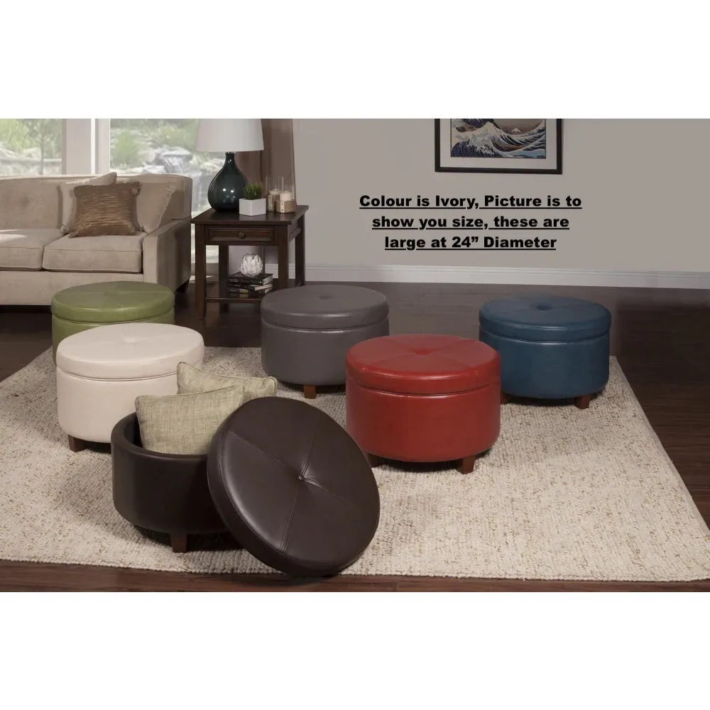 New Great Quality Large 2 Feet Diameter Storage Ottoman in Soft Ivory Pebble Faux Leather! Sturdy enough for extra seating! Retails $272 w/tax!