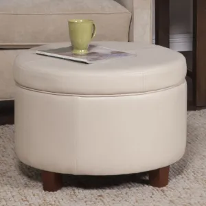 New Great Quality Large 2 Feet Diameter Storage Ottoman in Soft Ivory Pebble Faux Leather! Sturdy enough for extra seating! Retails $272 w/tax!