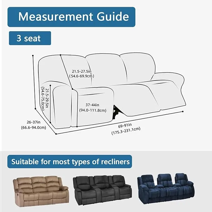 New High Stretch Recliner Sofa Covers, 3 Seat Reclining Couch Covers for 3 Cushion Couch Recliner Set Non Slip 8-Piece Washable Spandex Furniture Protector with Pockets-Dark Grey-3 Seater Retails $190 