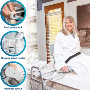New in box! DMI Heavy-duty Sliding Transfer Bench Shower Chair With Cut-out Seat and Adjustable Legs, Gray Retails $180 