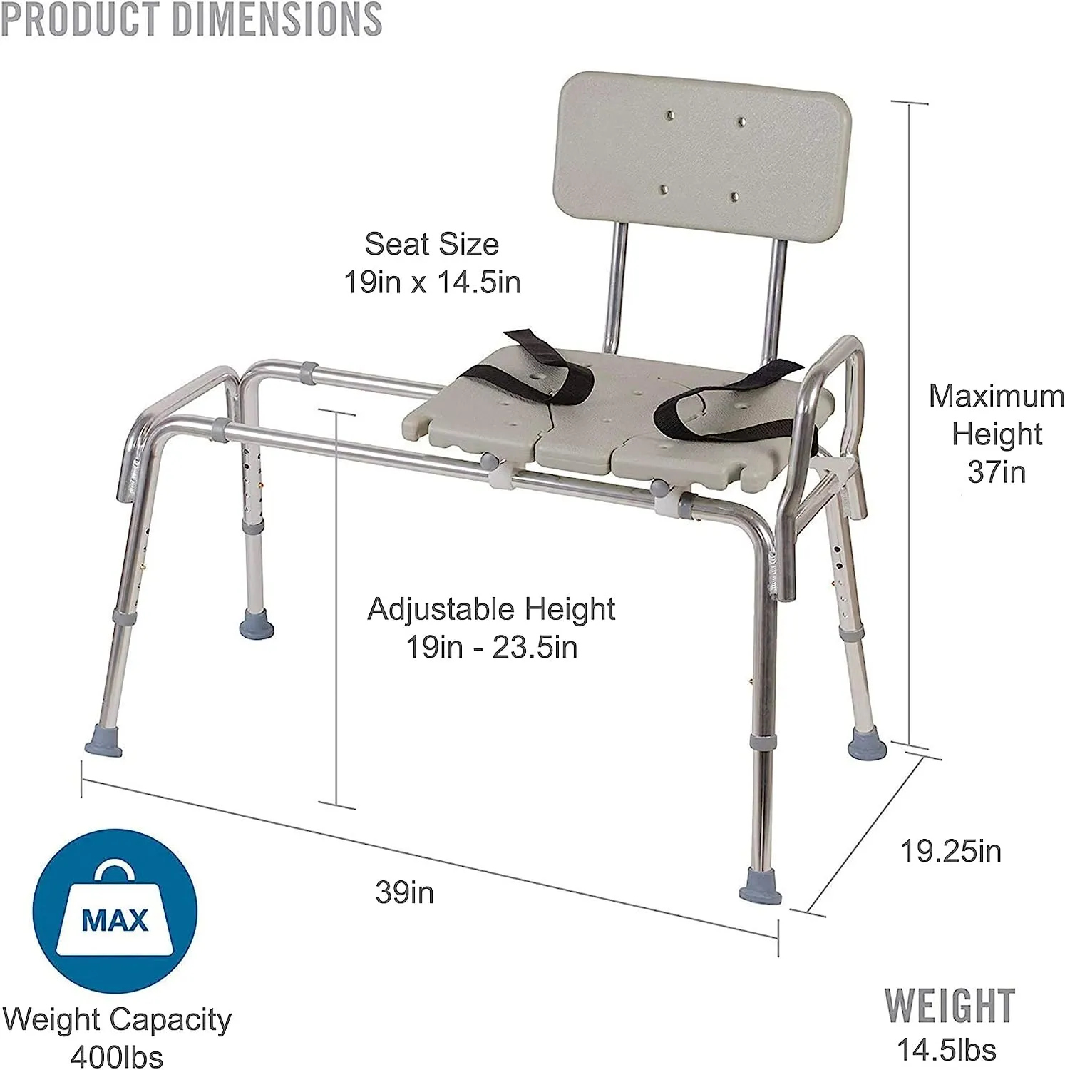 New in box! DMI Heavy-duty Sliding Transfer Bench Shower Chair With Cut-out Seat and Adjustable Legs, Gray Retails $180 