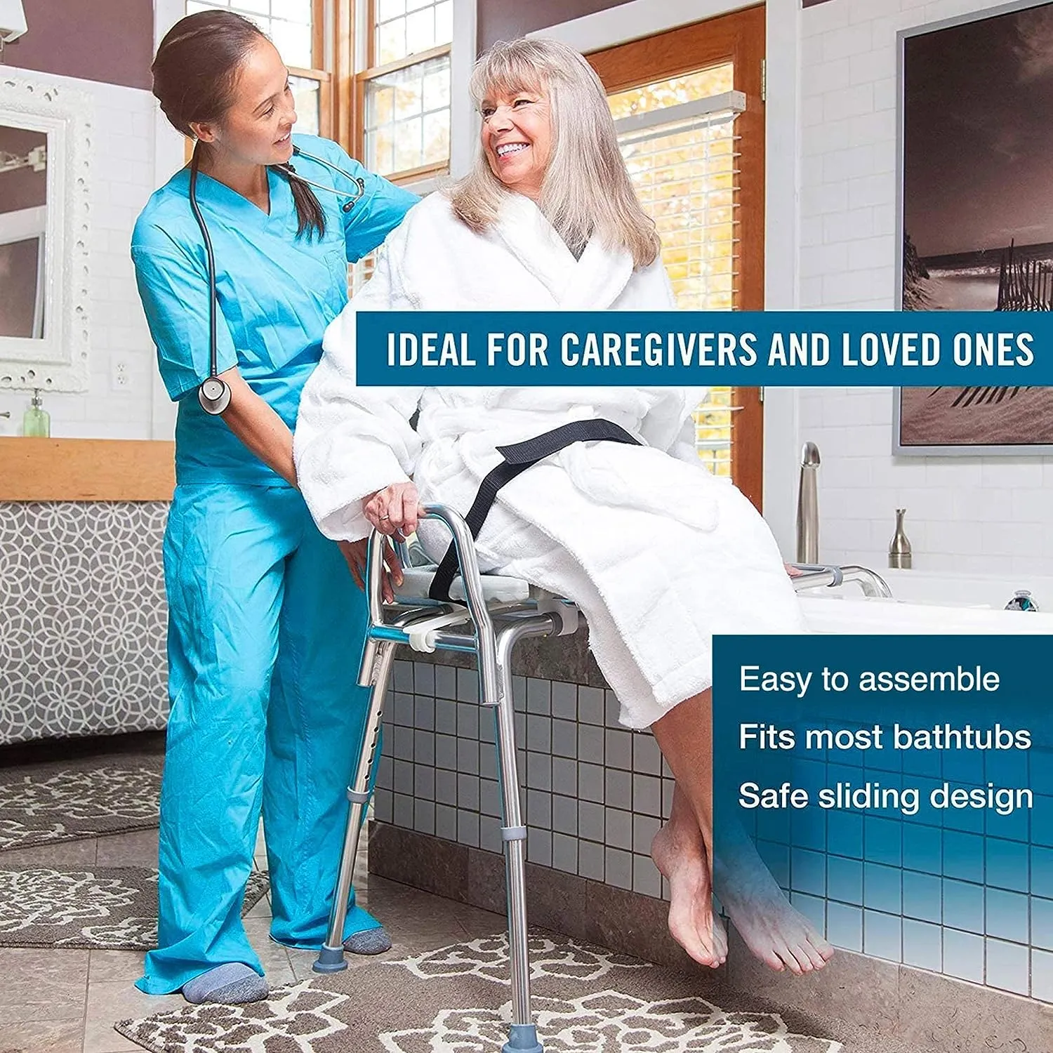 New in box! DMI Heavy-duty Sliding Transfer Bench Shower Chair With Cut-out Seat and Adjustable Legs, Gray Retails $180 