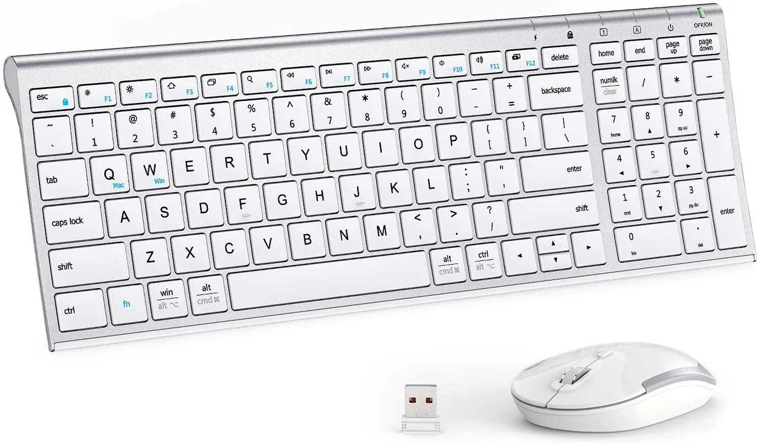 New in box! iClever GK03 Wireless Keyboard and Mouse Combo - 2.4G Portable Wireless Keyboard Mouse, Rechargeable Battery Ergonomic Design Full Size Slim Thin Stable Connection Adjustable DPI, Silver and White