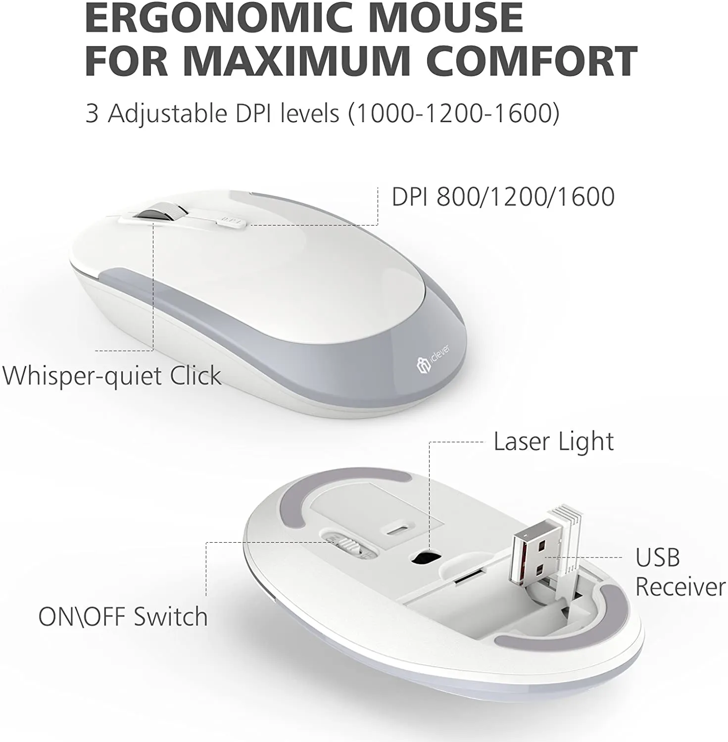New in box! iClever GK03 Wireless Keyboard and Mouse Combo - 2.4G Portable Wireless Keyboard Mouse, Rechargeable Battery Ergonomic Design Full Size Slim Thin Stable Connection Adjustable DPI, Silver and White