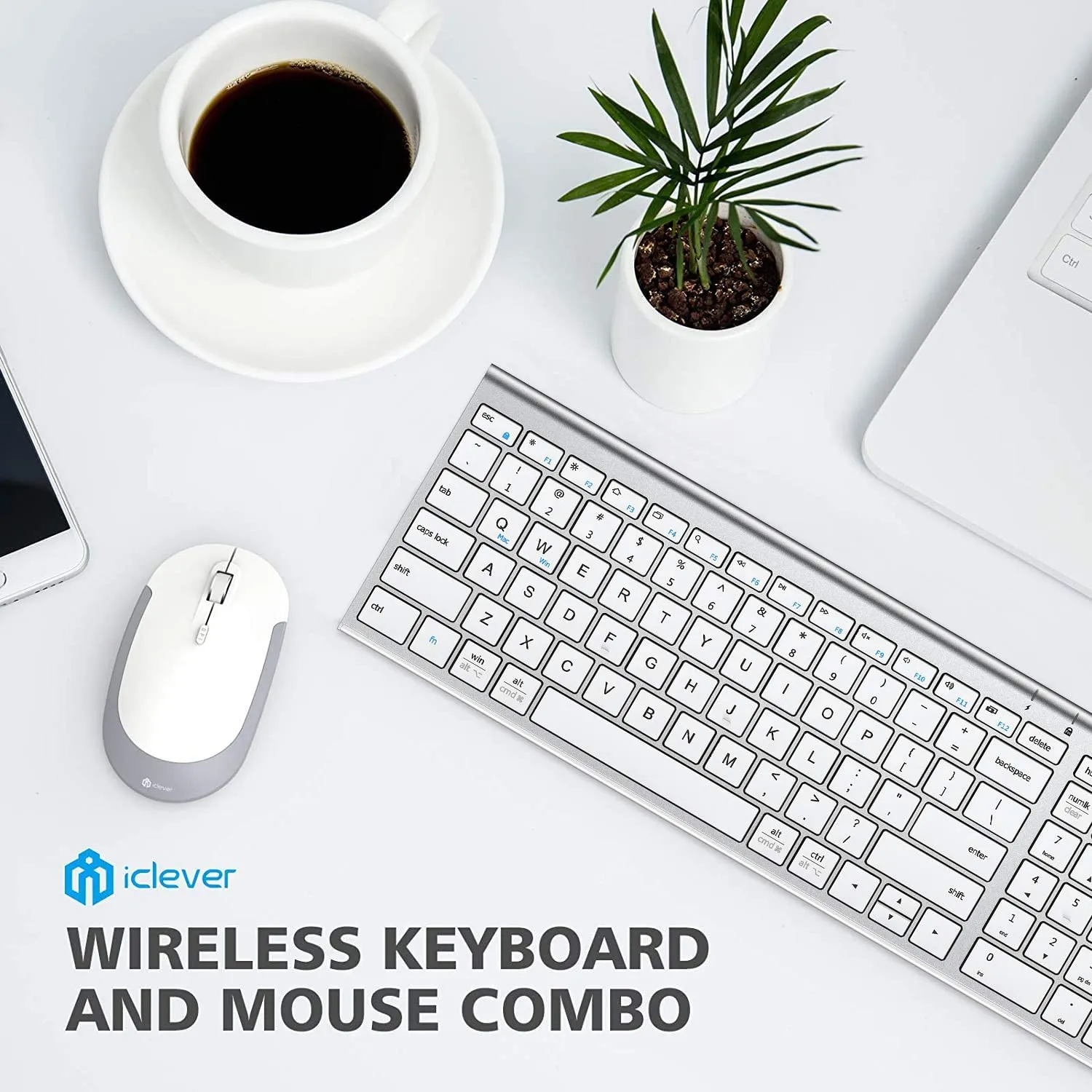 New in box! iClever GK03 Wireless Keyboard and Mouse Combo - 2.4G Portable Wireless Keyboard Mouse, Rechargeable Battery Ergonomic Design Full Size Slim Thin Stable Connection Adjustable DPI, Silver and White