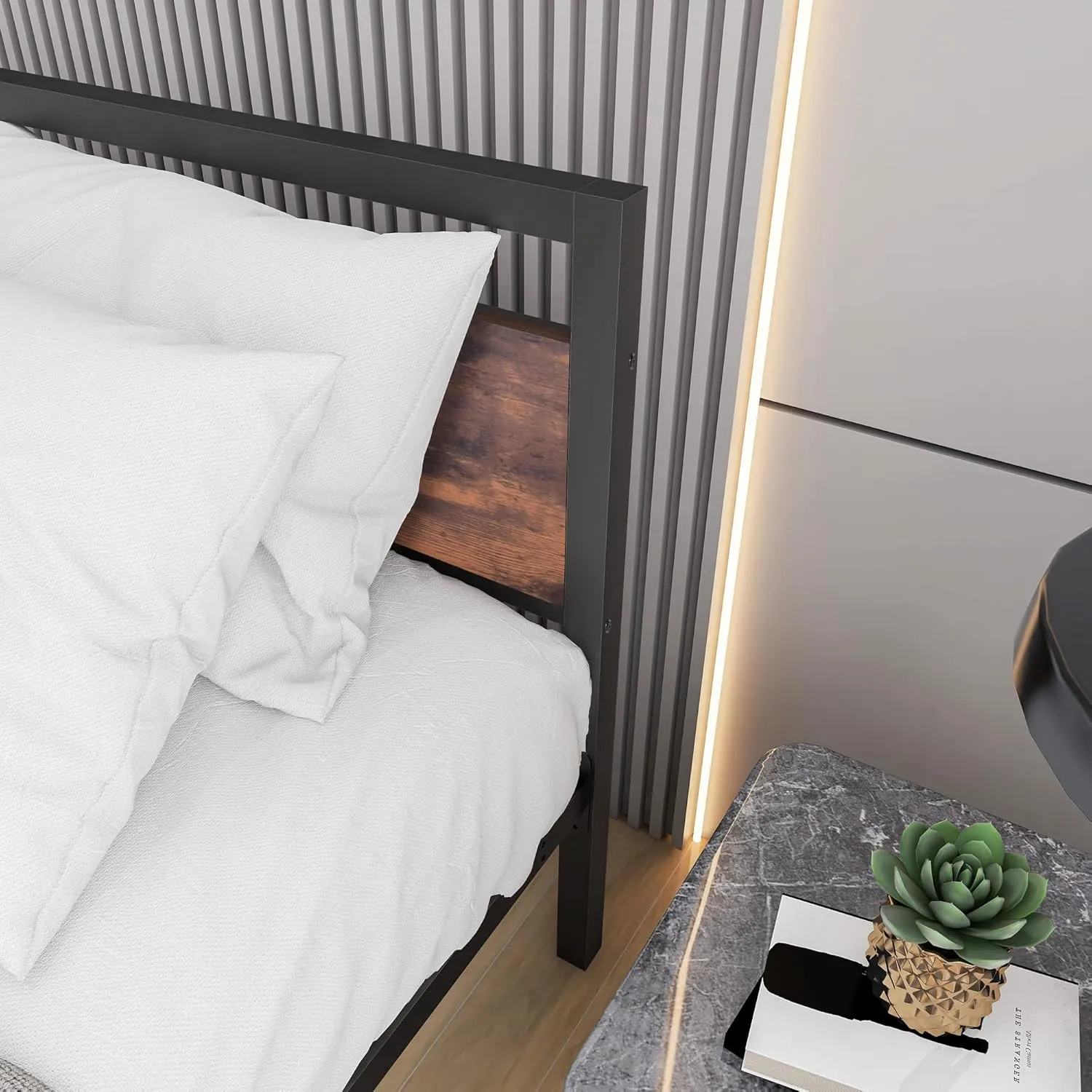 NEW IN BOX Retails $200, BOFENG Queen Size Bed Frames with Wood Headboard and Footboard, Heavy Duty Platform Bed Frame with Storage No Box Spring Needed Queen Mattress Foundation, Strong Steel Slats, Noise Free, Queen Size