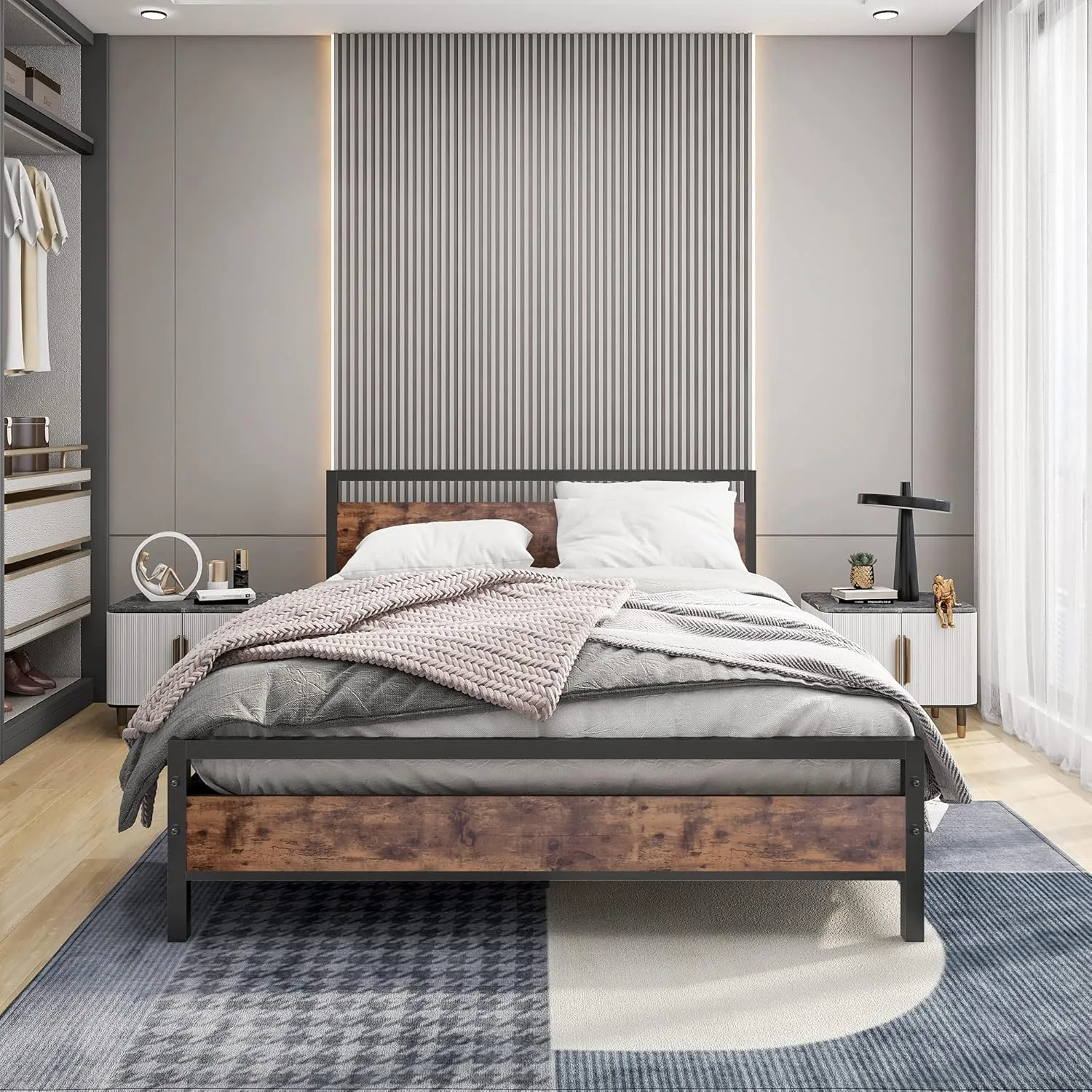 NEW IN BOX Retails $200, BOFENG Queen Size Bed Frames with Wood Headboard and Footboard, Heavy Duty Platform Bed Frame with Storage No Box Spring Needed Queen Mattress Foundation, Strong Steel Slats, Noise Free, Queen Size
