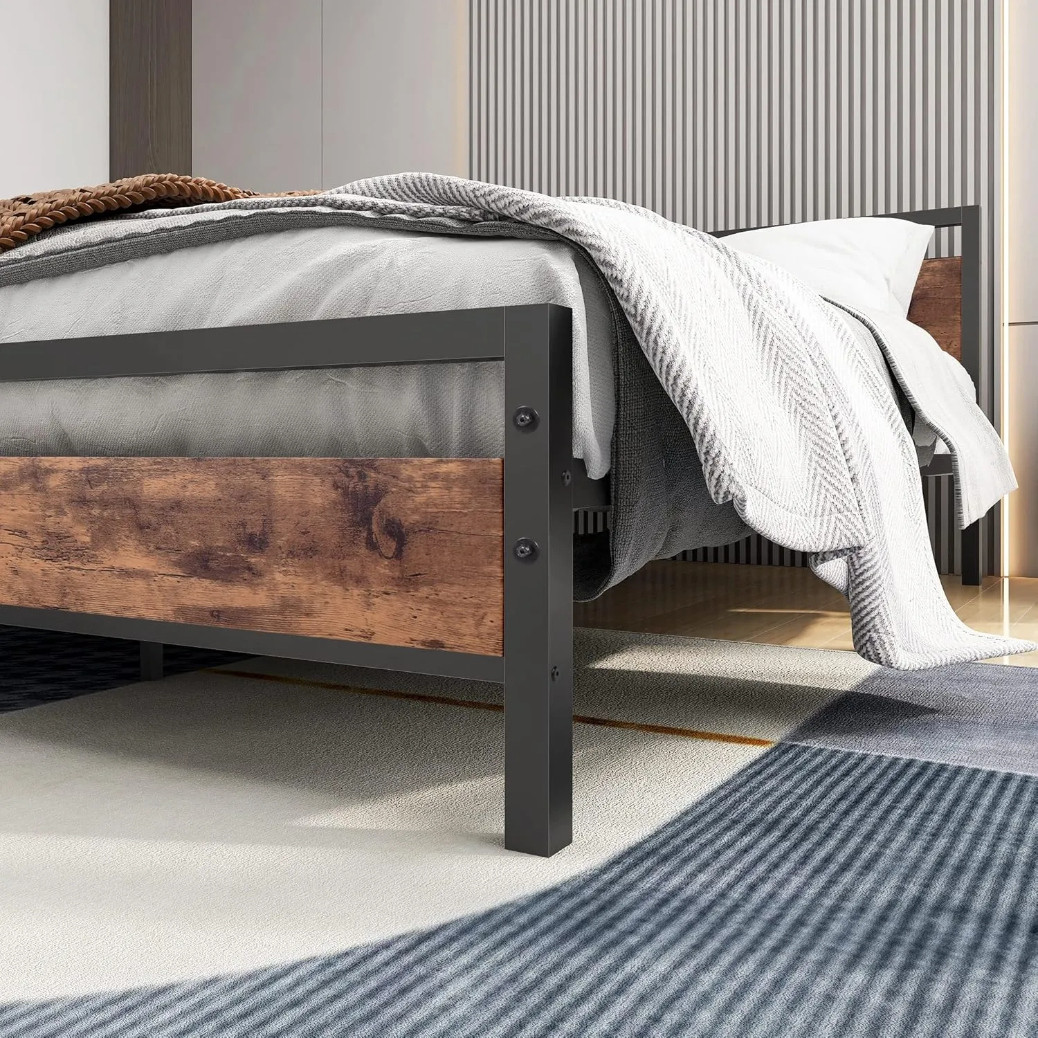 NEW IN BOX Retails $200, BOFENG Queen Size Bed Frames with Wood Headboard and Footboard, Heavy Duty Platform Bed Frame with Storage No Box Spring Needed Queen Mattress Foundation, Strong Steel Slats, Noise Free, Queen Size