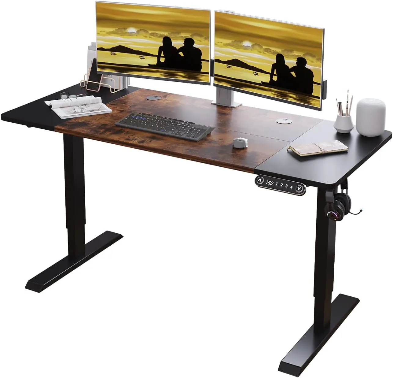 NEW in box! Retails $230 Jceet Adjustable Height Electric Sit/Standing Desk, 55 x 24 Inch Sit Stand Computer Desk with Lockable Casters, Stand Up Desk Table for Home Office, Black Frame/Rustic Brown   Black Top!