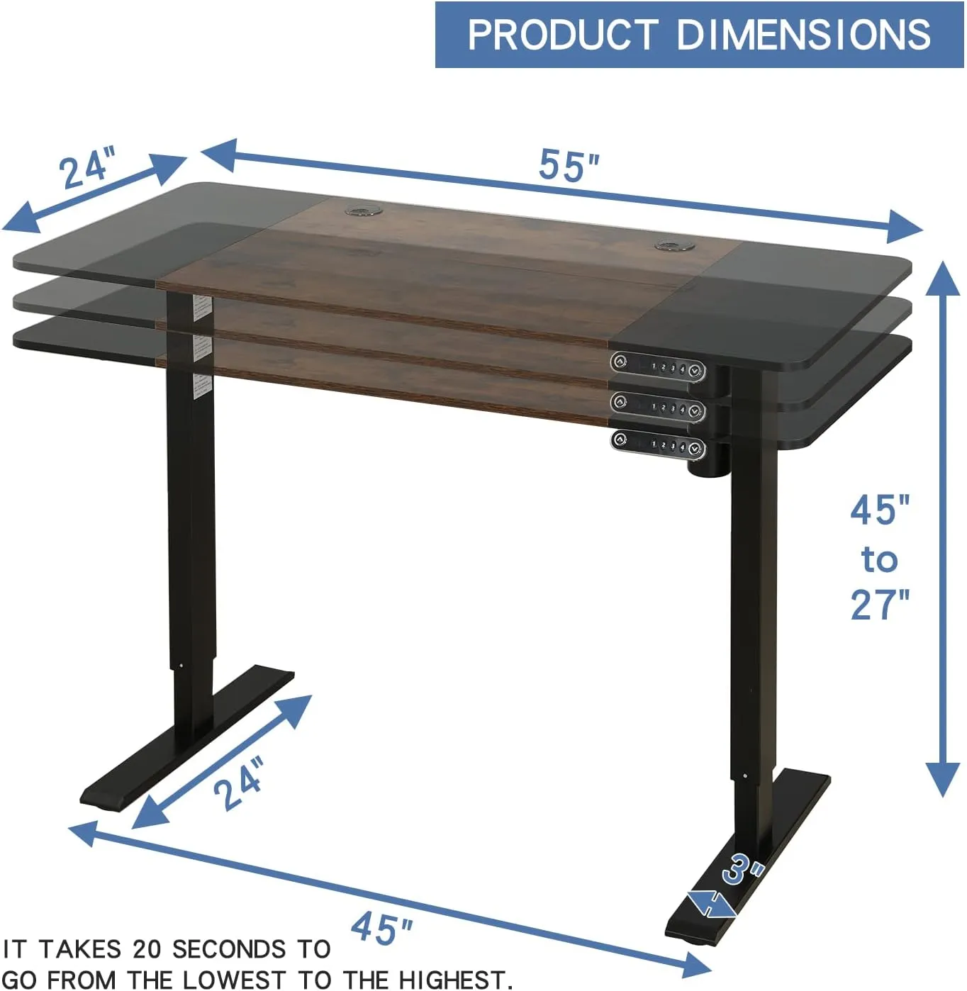 NEW in box! Retails $230 Jceet Adjustable Height Electric Sit/Standing Desk, 55 x 24 Inch Sit Stand Computer Desk with Lockable Casters, Stand Up Desk Table for Home Office, Black Frame/Rustic Brown   Black Top!