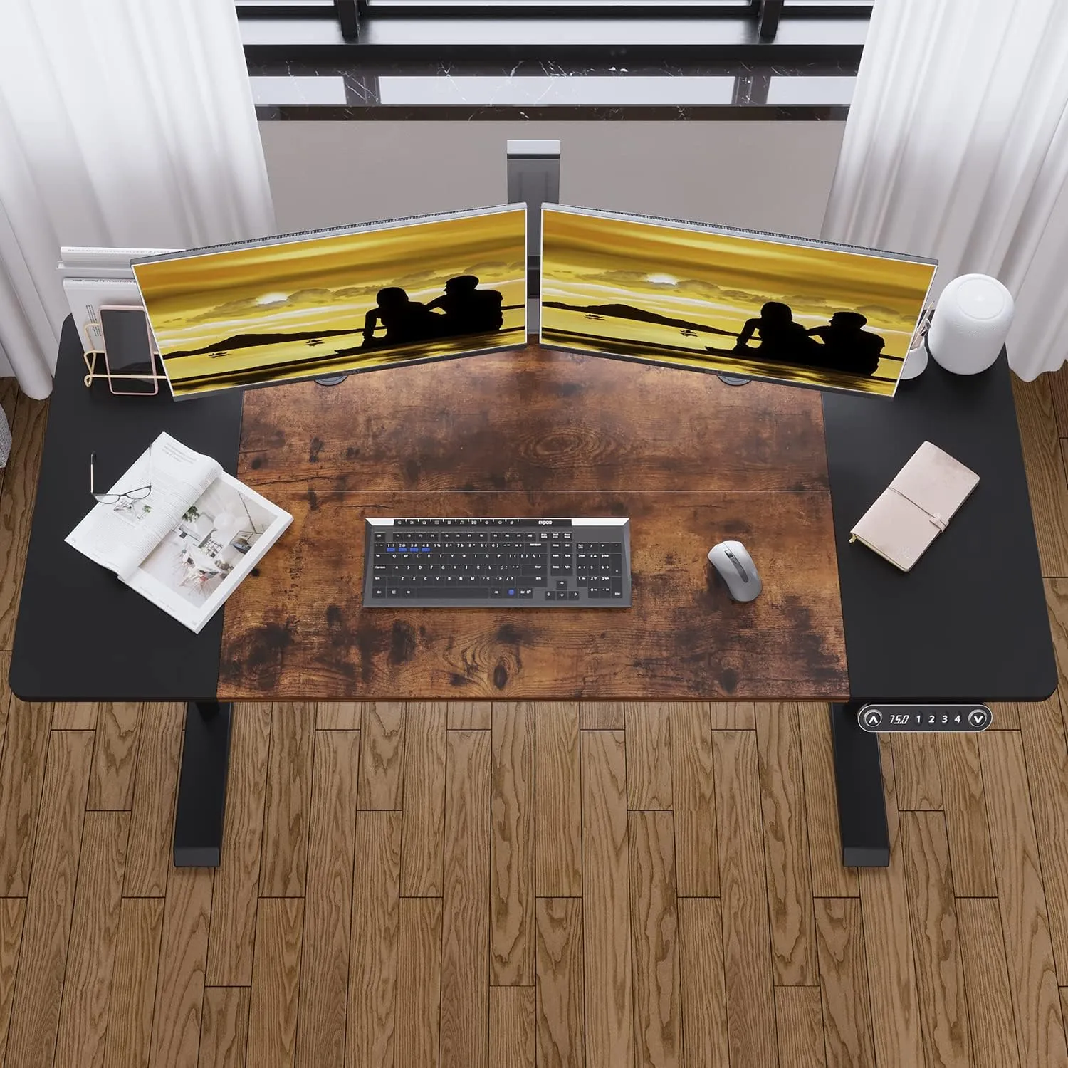 NEW in box! Retails $230 Jceet Adjustable Height Electric Sit/Standing Desk, 55 x 24 Inch Sit Stand Computer Desk with Lockable Casters, Stand Up Desk Table for Home Office, Black Frame/Rustic Brown   Black Top!