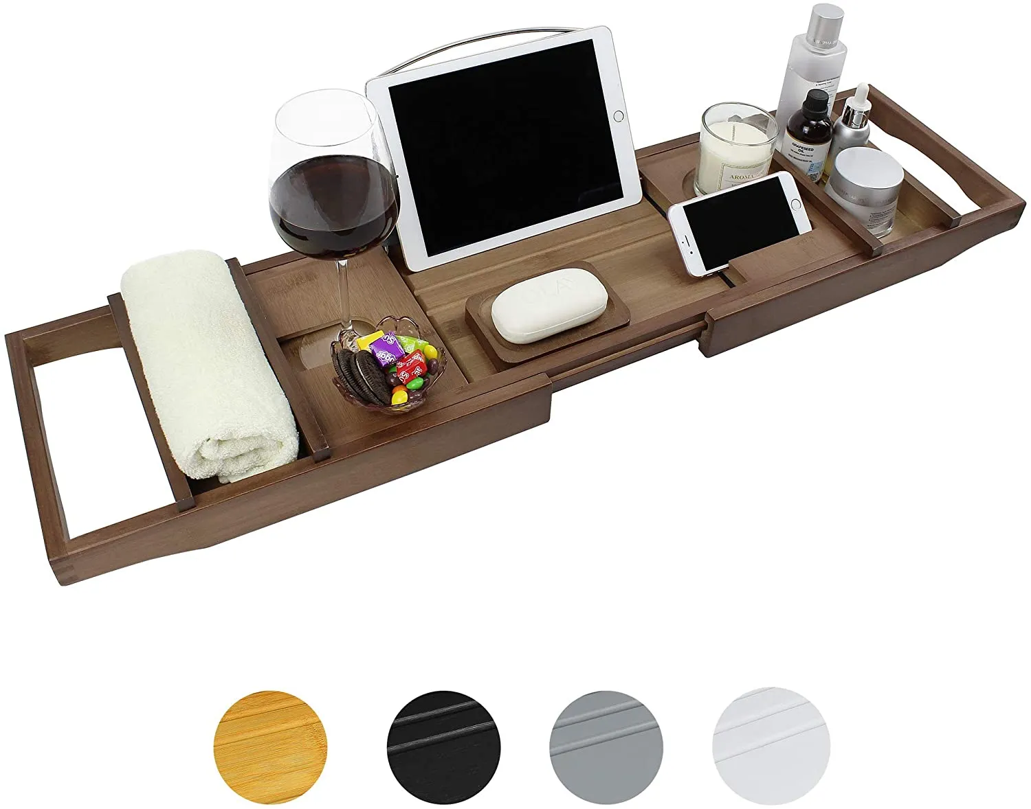 New in box! SMIBUY Bamboo Bathtub Caddy Tray, Expandable Luxury Bathroom Storage Shelf Over Tub with Wine Glass Book Phone & Free Soap Holder (Brown)