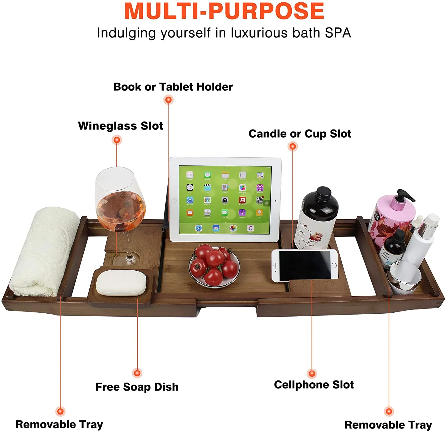 New in box! SMIBUY Bamboo Bathtub Caddy Tray, Expandable Luxury Bathroom Storage Shelf Over Tub with Wine Glass Book Phone & Free Soap Holder (Brown)
