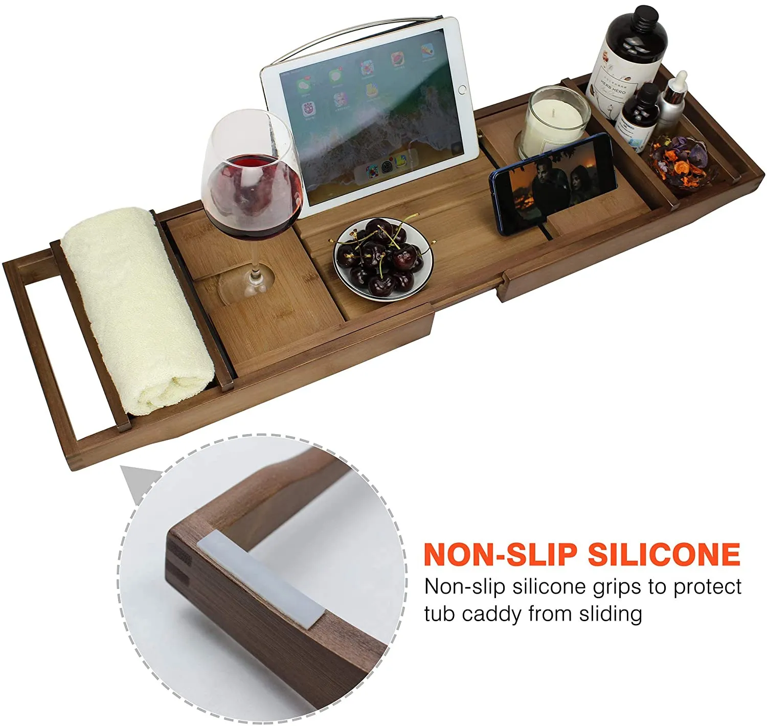 New in box! SMIBUY Bamboo Bathtub Caddy Tray, Expandable Luxury Bathroom Storage Shelf Over Tub with Wine Glass Book Phone & Free Soap Holder (Brown)