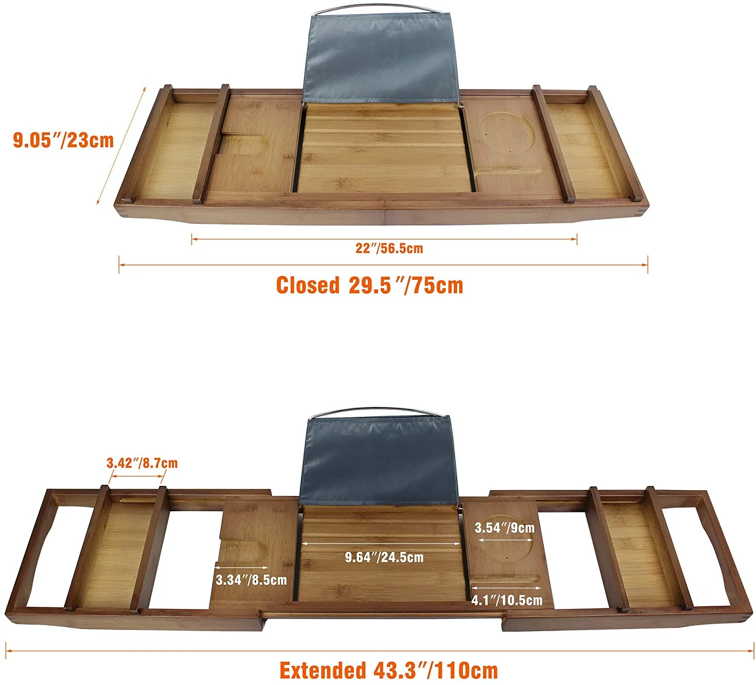 New in box! SMIBUY Bamboo Bathtub Caddy Tray, Expandable Luxury Bathroom Storage Shelf Over Tub with Wine Glass Book Phone & Free Soap Holder (Brown)