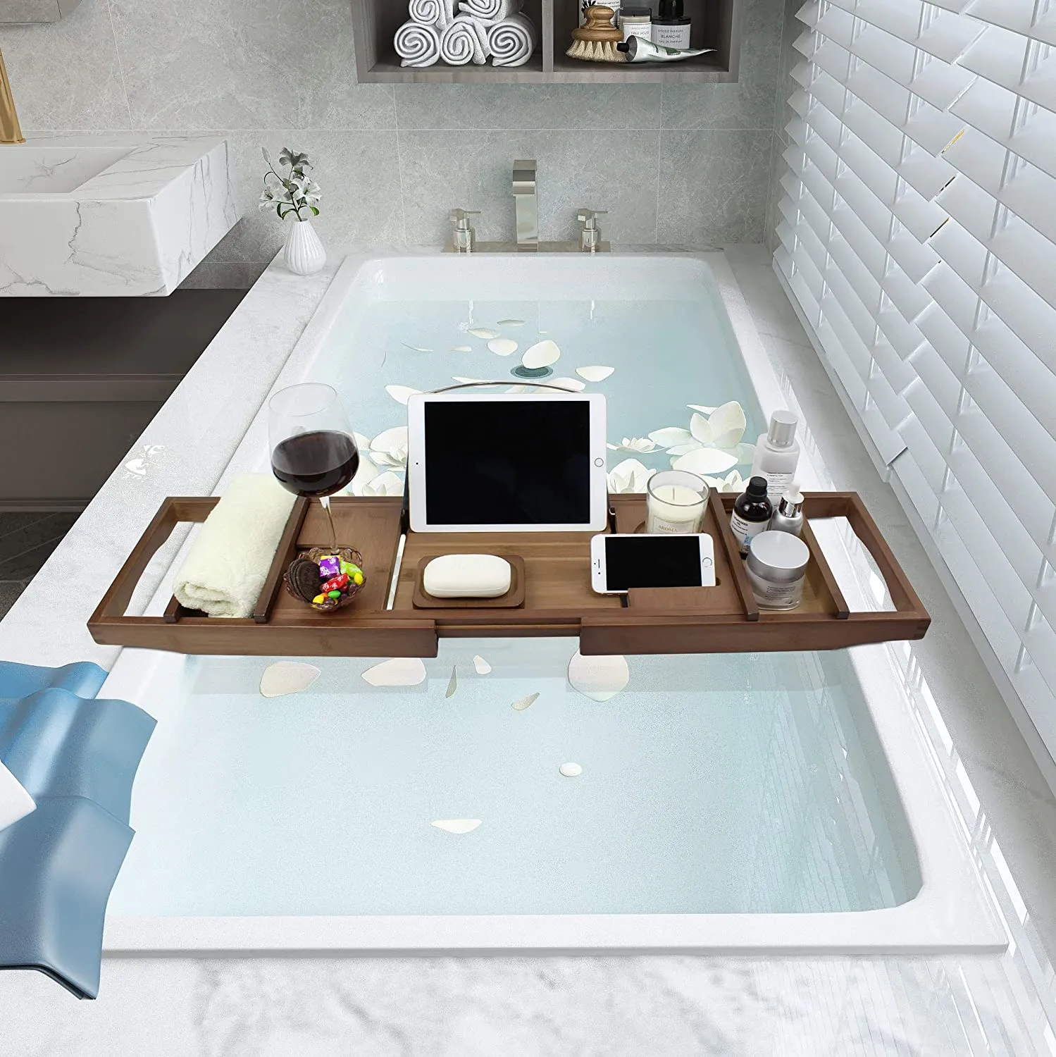 New in box! SMIBUY Bamboo Bathtub Caddy Tray, Expandable Luxury Bathroom Storage Shelf Over Tub with Wine Glass Book Phone & Free Soap Holder (Brown)
