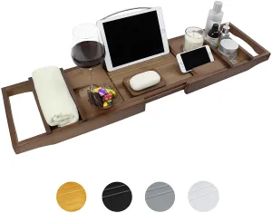 New in box! SMIBUY Bamboo Bathtub Caddy Tray, Expandable Luxury Bathroom Storage Shelf Over Tub with Wine Glass Book Phone & Free Soap Holder (Brown)